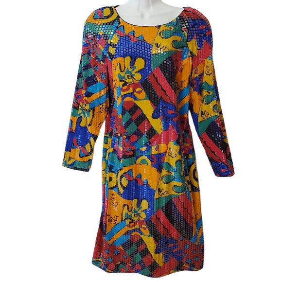 VTG 70s/80s Sequin Party Dress Women's S Colorful Midi Sheath Lined Zip Close - Picture 2 of 10